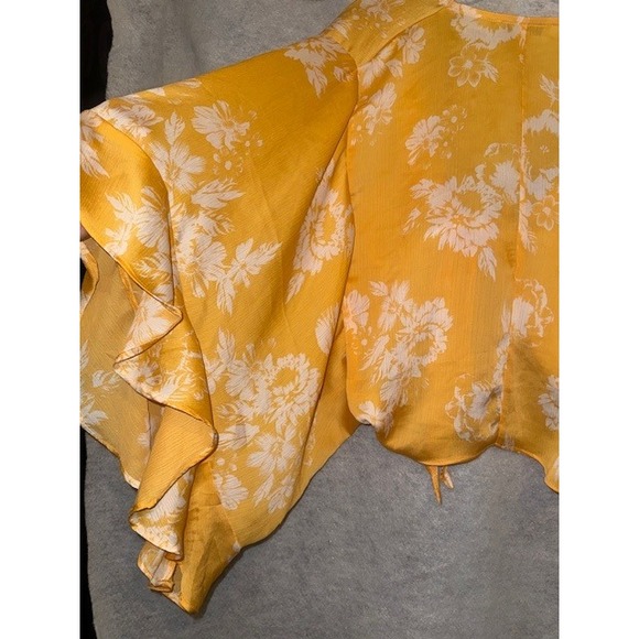 FAVLUX Fashion Yellow Floral Butterfly Sleeve Tie Front Kimono Top Size M‎ - Picture 7 of 9